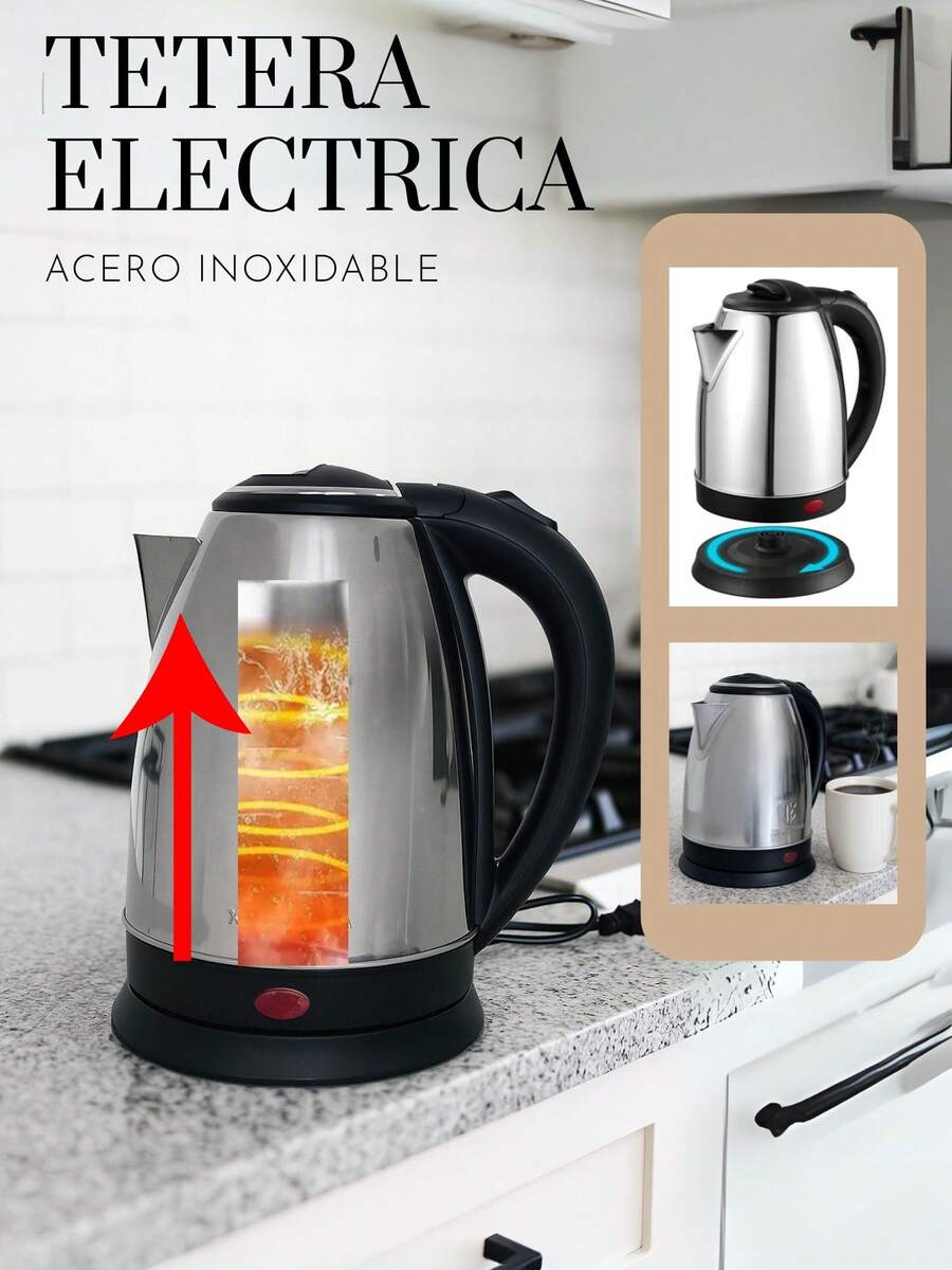 Hervidor eléctrico, para agua caliente, café y té, apagado automático, protección contra ebullición en seco,2 lts, 1000 W, acero inoxidable, tetera electrica. - Plateado - Ver 1