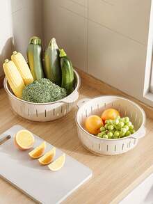 1pc 2-In-1 Double-Layer Drain Basket,2-In-1 Easy-To-Use,Vegetable Dryer,Fruit Drain Container With Handle,Refrigerator Freshness Basket,Fruits And Vegetable Washing Basket,Drain Basket,Vegetable Drain Basket - Multicolor - View 5