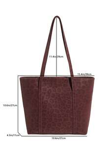 2025秋冬新款麂皮大号托特包，休闲豹纹单肩包，时尚大容量手提包和单肩包，女士旅行和工作托特包 - 酒紅色 - 查看 3