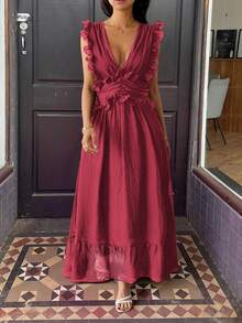 Unadoll Women's Casual Vacation Deep V Sexy Backless Ruffle Hem Dress, Suitable For Beach, Travel, Daily Life, Date, Music Festival And Back To School - Burgundy - View 8
