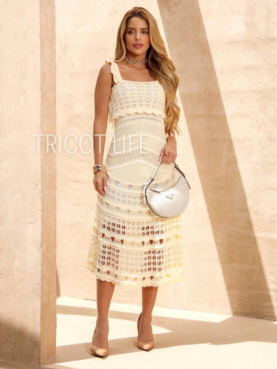 Vestido Midi Tricô Feminino Crochê Ciganinha Forrado Elegante Festa Reveillon Casual Batal Casamento Chá Revelação - Amarelo Manteiga - Visão 1