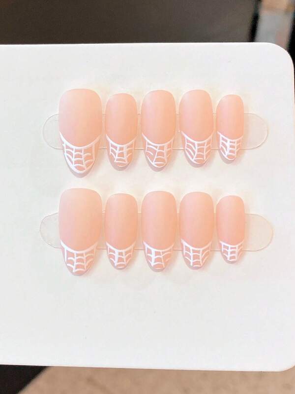 10pcs Hand-Pressed Nails, Spider Web French Chic Style Skin-Tone Hand-Painted Medium Length Acrylic False Nails Set, Almond Shape Fake Nails Suitable For Women And Girls As Gifts