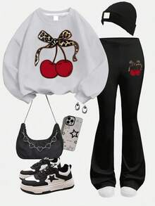 2pcs/Set Girls' Sweet & Fresh Cherry Print Sweatshirt Set, Soft & Skin-Friendly, Casual Everyday Wear For Spring & Autumn - Grey - View 2