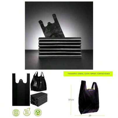 Bolsas de Basura Tipo Camiseta, Tamao, Alta Densidad, Color Negro, Impermeables, Reutilizables, Ecolgicas u2013 Paquete de Bolsas