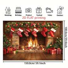 1 pièce Toile de fond en polyester de cheminée de Noël avec sapin de Noël et bas de Noël - Bannière de décoration de fête polyvalente, sans électricité nécessaire, idéale pour la photographie de vacances, le photomaton et les célébrations de festivals - Multicolore - Voir 4