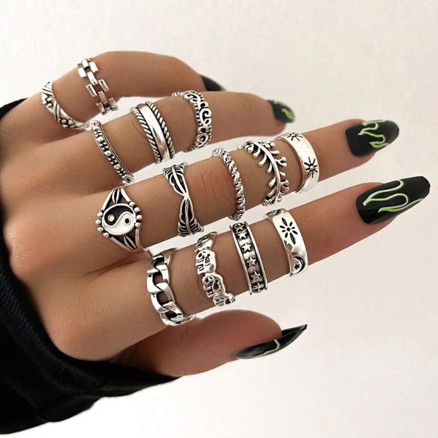 15 Piece Vintage Bohemian Lotus 15 Ring Set - CG0123 - 查看 1