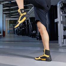 Sapatos de luta livre masculinos, sapatos de boxe de cano alto, sapatos de treino, botas de kickboxing, sapatos de artes marciais para fitness, sapatos esportivos profissionais de alta qualidade para homens, confortáveis, antiderrapantes, duráveis, respiráveis, com suporte para o tornozelo e sola texturizada. - Ouro Negro 25012 - Ver 8