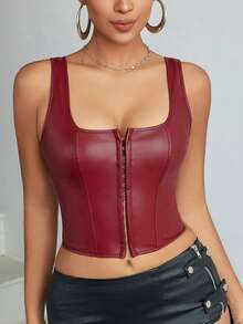 Apperloth A Áo corset da PU kiểu Y2K cho nữ, cổ vuông, ôm sát ngực, có gọng, định hình eo, móc cài phía trước, buộc dây phía sau, hở lưng, dây đeo rộng, kiểu croptop dễ thương, thoải mái mặc hàng ngày, dự tiệc âm nhạc, lễ hội, hòa nhạc đồng quê, đi chơi, tiệc tùng mùa hè. - Màu Đỏ Sâu - Xem 4