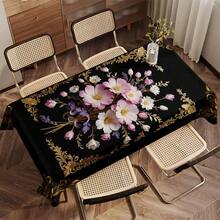 Conjunto de toalha de mesa e capa para cadeira elegantes com fundo preto e detalhes dourados, 2/4/6/5/7 peças, 2 peças (2 capas para cadeira), 4 peças (4 capas para cadeira), 6 peças (6 capas para cadeira), 5 peças (1 toalha de mesa + 4 capas para cadeira), 7 peças (1 toalha de mesa + 6 capas para cadeira), adequado para ambientes internos/externos, reuniões em casa, decoração de mesa e cadeira para festas, lavável e reutilizável