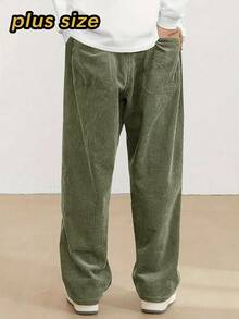 Pantalon droit en velours côtelé grande taille pour hommes, printemps/automne, taille élastique à cordon, convient pour le style casual, les sports, la randonnée, le style boyfriend - Militaire verte - Voir 4