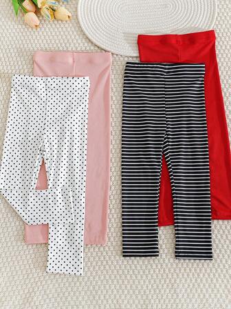 4 双年轻女孩简约百搭踝长紧身裤，条纹、圆点和纯色组合，甜美可爱的女孩紧身裤，适合春季、秋季和所有季节