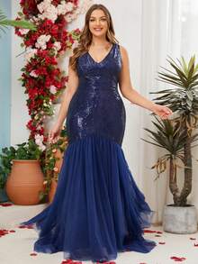 Vestidos de fiesta formales de talla grande para mujer con lentejuelas y parches de malla con diseño de sirena, adecuados para fiestas, graduaciones, actuaciones, bailes de graduación, primavera/verano/otoño/invierno - Azul Marino - Ver 9