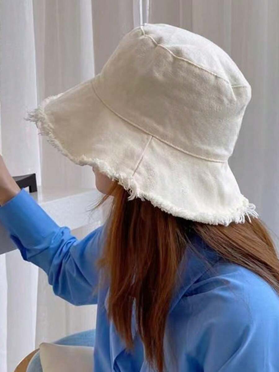 Frayed Bucket Hats Plain Cotton Distressed Outdoor Vintage Summer Beach Sun Hat - Beige - View 1
