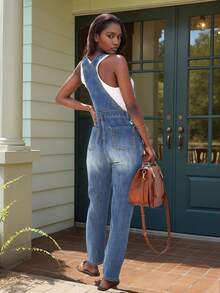 Mono vaquero sin mangas para mujer, mono informal sin estiramiento con bolsillos y botones, adecuado para uso diario