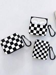 Checkerboard Pattern Earphone Case, Black Earphone Case With 1 Earphone Case Hook, Compatible With AirPods Case, Pro 3 Case, Pro (2nd Generation) Case, 3 Case, Pro Case, 1/2 Case, 4 Case Cover - Multicolor - View 3