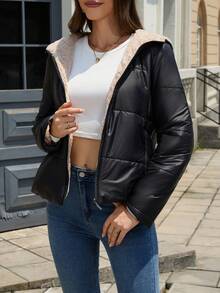 Jaqueta Acolchoada Feminina com Capuz, Tecido Tecido de Cor Sólida, Fechamento com Zíper, Adequada para Outono, Inverno, Primavera - preto - Visão 1