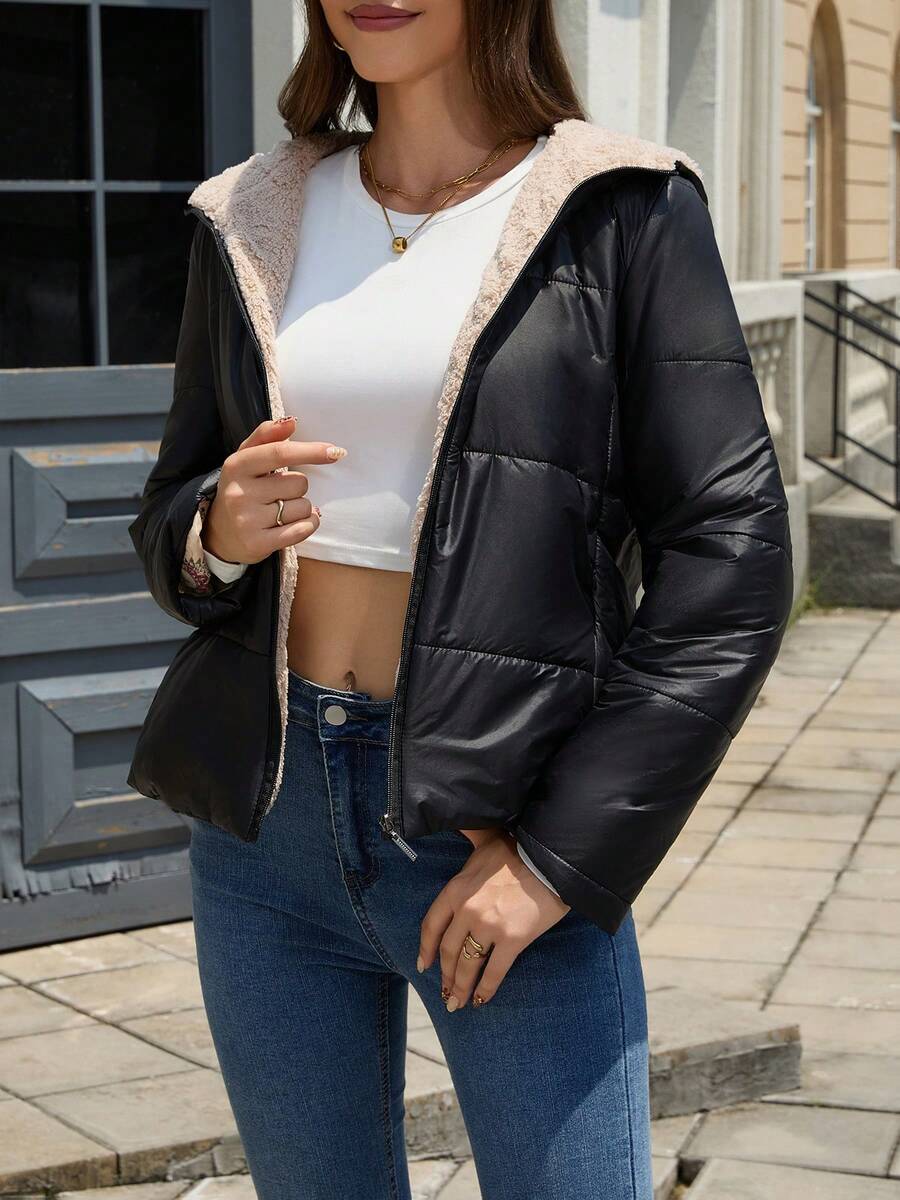 Jaqueta Acolchoada Feminina com Capuz, Tecido Tecido de Cor Sólida, Fechamento com Zíper, Adequada para Outono, Inverno, Primavera - preto - Visão 1