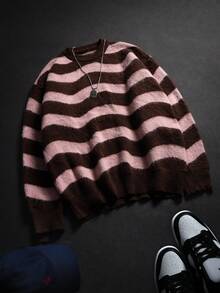 ANDREILEE 秋冬男女通用条纹落肩高街圆领长袖针织衫 - 棕色 - 查看 6