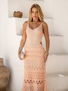 Women's Midi Dress, Lace Tricot, Party, Beach, Sophisticated, New Year's Eve, Christmas, Holidays, Beach, Wedding, Godmother - 珊瑚橙 - 查看 2