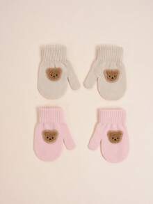 2 Pairs 1-3 Years Old Toddler Baby Autumn/Winter High Elasticity Knitted Warm Gloves, Infant/Children Cute Bear Mittens Gloves, Anti-Scratch & Bite, Suitable For Casual Daily Wear And Winter Warmth Single-Layer Gloves