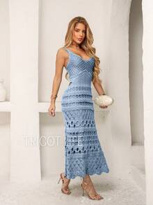 Women's Midi Dress, Lace Tricot, Party, Beach, Sophisticated, New Year's Eve, Christmas, Holidays, Beach, Wedding, Godmother - 淺藍色 - 查看 7