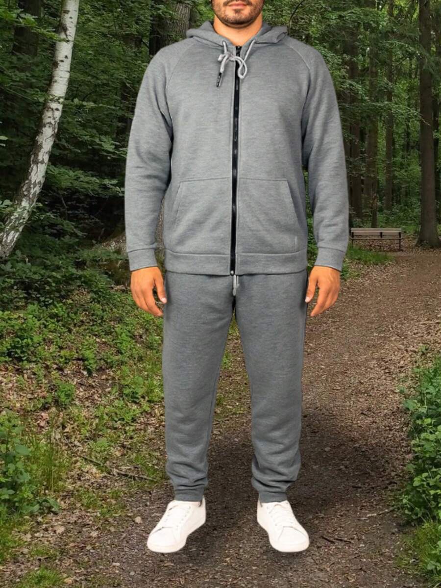 Conjunto de pants deportivo y casual para hombre, colores lisos, sin estampados, tela de poliéster, algodón y spandex, apto para temporadas de primavera y verano. pants de ajuste regular con bota semi-entubada, talle de cintura natural, bolsillos laterales funcionales con cremallera. Sudadera deportiva, cuello redondo con capucha, silueta de ajuste regular, cierre con cremallera y bolsillos frontales funcionales. Muy fresco y cómodo, ideal para hacer deporte al aire libre, caminata en el parque o para ir al gimnasio. - Gris Claro - Ver 1
