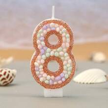 1支精美数字生日蜡烛，饰有彩色鹅卵石和马卡龙图案，0-9浅金色闪亮数字蜡烛，适合男孩和女孩 - 淡金色 - 查看 10