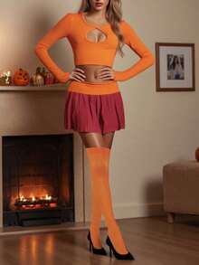Women Halloween Velma Costume Skirt Set Orange Long Sleeve Hollowed Crop Top With Mini Skirt With Stockings Clubwear Halloween Cosplay Outfit - 橘色 - 查看 9