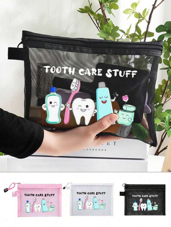 Tooth Print Makeup Bag, Mesh Portable Makeup Bag, Coconut Tree Print Bag, Travel Makeup Bag; Essential Beach Swimsuit Storage Artifact For Vacations; Coconut Tree Heart-Shaped Printed Bag Is A Must-Have For Summer Music Festivals, Perfect For Girlfriends; Foldable Lightweight Makeup Bag