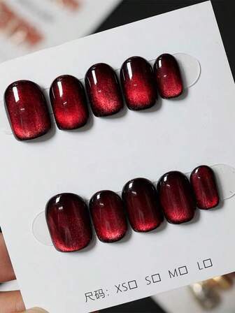 10 piezas de uñas postizas hechas a mano, forma ovalada corta, color rojo, estilo minimalista suave Y2K, ojo de gato sólido con brillo fino, adecuado para mujeres y niñas, otoño/invierno, fiesta de Navidad, uso diario