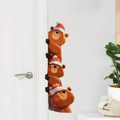 Adesivos de porta de Natal com ursos e chapéu de Papai Noel, 1 peça - Adesivos de parede divertidos, removíveis e autoadesivos, fáceis de remover e colar, decoração de casa para portas, paredes e superfícies de plástico - Decoração festiva de Natal (sem resíduos), sem resíduos, decorações de Natal