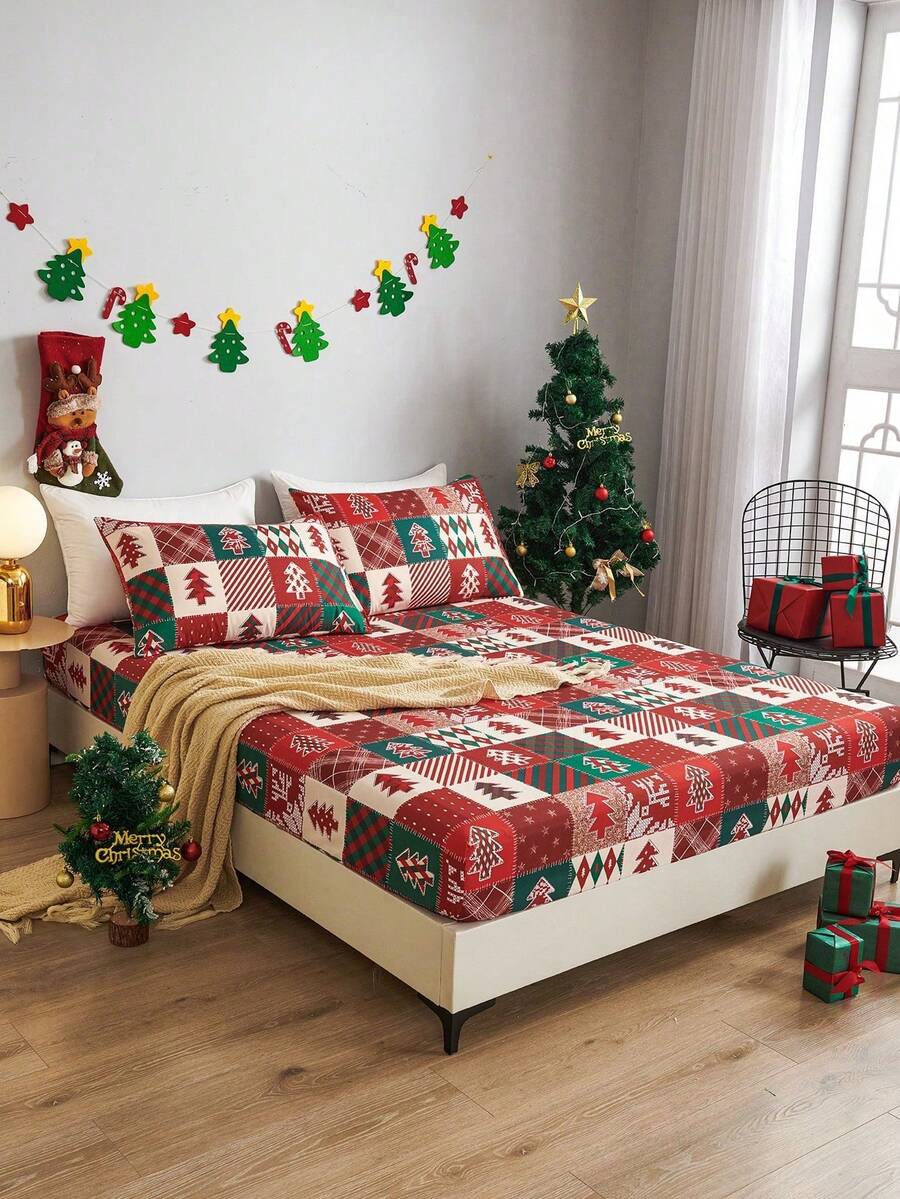 2/3pcs Red Plaid Christmas Tree Fitted Sheet Set (1Pc Fitted Sheet+1/2pcs Pillowcases), Mattress Protector, Mattress Cover For Bed, Bed Sheet Set, Soft And Breathable, For All Size Bed -Twin, Full, King, Queen Size Sheet Deep Pocket Up To 11.8 Inch Home Textile,Christmas Day Atmosphere - Red - View 1