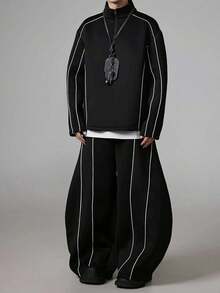 Herren Lässig Reißverschluss Schwarz Trainingsanzug, Loose Fit Sport 2 Stücke Set