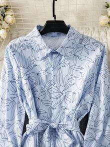 女士全印花系带衬衫裙，纽扣翻领长袖长款连衣裙，适合正式宴会、约会之夜、度假、居家及秋冬春假日常穿着。 - 藍色 - 查看 5