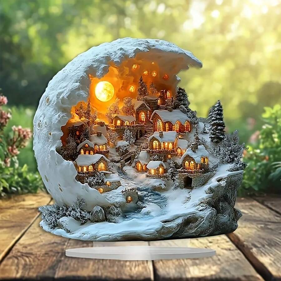 1 pieza Decoración acrílica de escena de aldea de invierno navideña en 2D - Escena de escritorio impresa de alta definición, multiusos, sin texto, ideal para el hogar, la sala de estar, la oficina, regalo de Navidad, Acción de Gracias, decoración de cumpleaños, decoración navideña