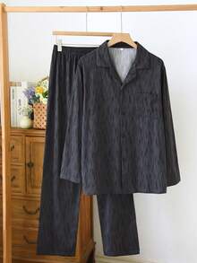 2pcs Pajama Set, Men's Sleepwear, Long Sleeve Shirt & Long Pants Pajama Set - Classic Black & Grey Zebra Print, Comfortable Fabric - Shirt Style Top - Long Pants - Casual Sleepwear Can Be Worn Outdoors, Winter Clothes