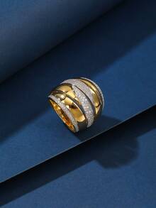 1pc Bronze Material Smooth Patchwork Ring With Inlay Rhinestone & Cubic Zirconia, Personalized Fashion Woman Big Ring, Suitable For Gift And Women's Daily / Holiday Wear