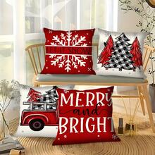 4 buc. fețe de pernă roșii de Crăciun, decor de Crăciun tip casă de la țară, fețe de pernă decorative cu model de camion de Crăciun, potrivite pentru canapea, sufragerie, exterior, inserția de pernă nu este inclusă