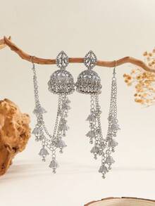 1 Set Fashionable Jewelry Set, Detachable Rhinestone Teardrop Earrings With Small Bell & Faux Pearl Tassel Earrings, Hair Accessories & Earrings Combo Set, Convertible To 4pcs Long Chain Jewelry, Suitable For Women's Daily, Festival, Wedding And Party Wear/Bridal Jewelry/Jewelry Gift - Fashion - View 1