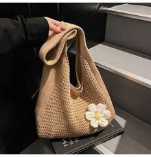 One Shoulder Woven Bag, New Vacation Casual Beach Bag, Crochet Woven Tote Handbag, Back To School Student Project Bag - Multicolor - View 3
