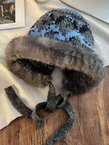 1pc Women's Oversized Knitted Beanie Cap, Warm Ear Protection Hats For Winter