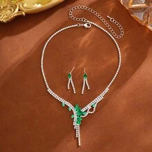 Conjunto de collar y aretes de lujo con rhinestones de cobre, joyería nupcial y de boda, diseño de gota verde con diamantes completos, accesorios de moda para vestido de noche, set de 2 piezas