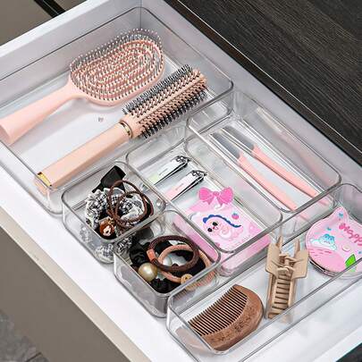 7件/6件/5件/1件装抽屉分隔收纳盒，带隔层的珠宝整理盒，透明PET塑料材质，多功能隔层收纳盒，可收纳饰品、化妆品、梳子、镜子、镊子等，适用于抽屉、卧室、宿舍、浴室、书桌等场所，是送给女性的礼物、圣诞礼物、女性礼品创意、房间装饰的理想之选。