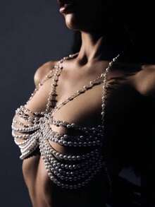 Pearl Beaded Bralette Bra Body Chain Jewelry Festivel Rave Lingerie Crop Top - 白色 - 查看 2