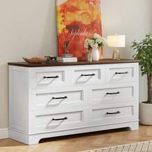 Furniwell Farmhouse 7 Drawer Dresser For Bedroom, Wide Wood Dresser With Natural Texture, Large Drawers