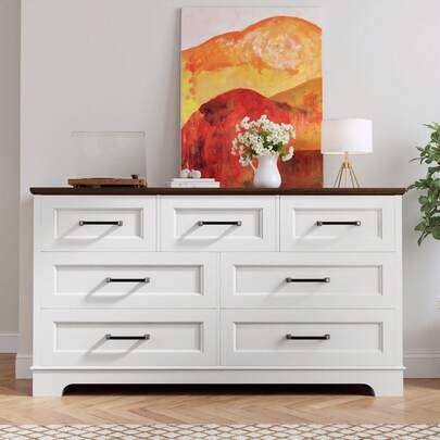 Furniwell Farmhouse 7 Drawer Dresser For Bedroom, Wide Wood Dresser With Natural Texture, Large Drawers