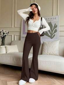 Women's High Waist Solid Color Flare Yoga Leggings, Workout Running Fitness Pants - Brown - View 4