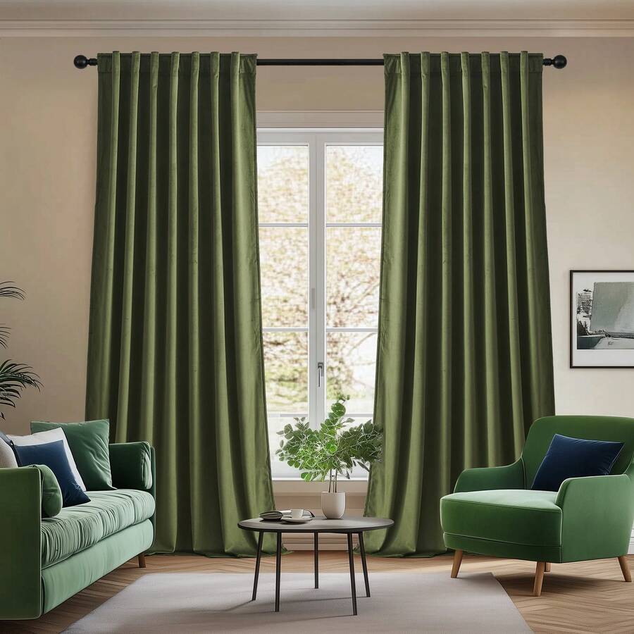 2 Panel Vintage Velvet Curtains, Back Tab Curtains For Living Room, Bedroom And Dining Room, Soft Drape With Good Home Decoration Curtains - 橄欖綠 - 查看 1