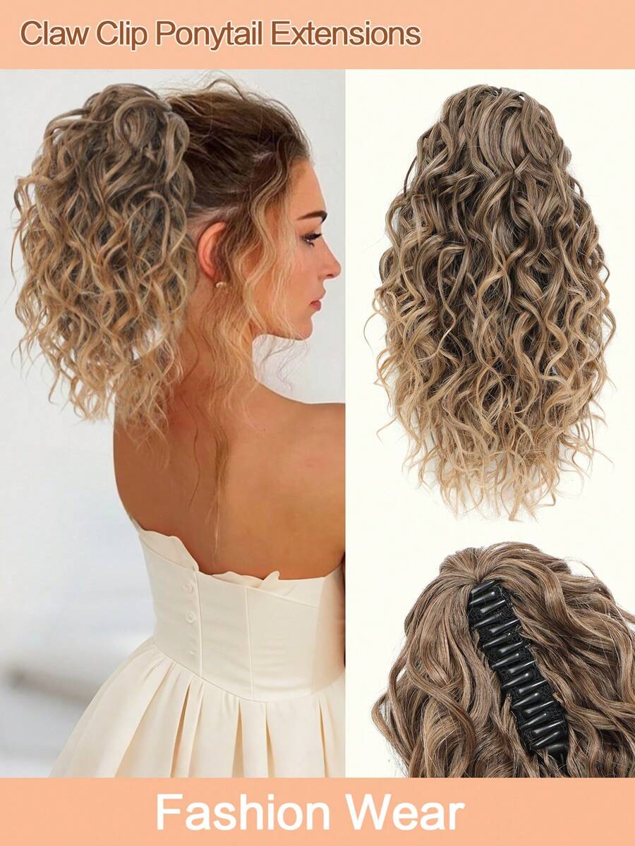 12英寸马尾假发卷发爪夹抽绳马尾假发（深棕色带浅色尾部）女士假发片，人造纤维材质 - 漸層棕色 - 查看 1