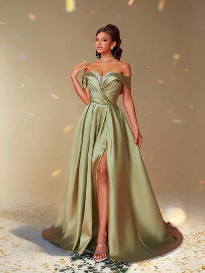 Smilprince Elegant Off Shoulder Split Thigh Formal Dress, Prom Evening Gown, For Wedding Guest, Graduation, Dinner